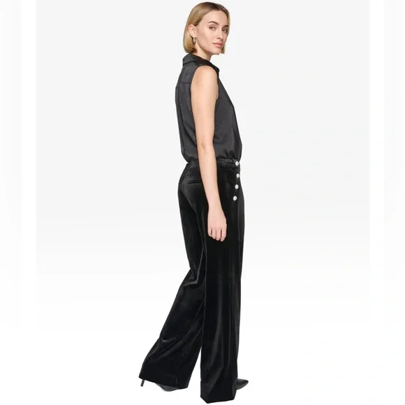 Karl Lagerfeld Velvet Pants Women's Size 12 Black Wide Leg Rhinestone Detail. - Picture 2 of 12
